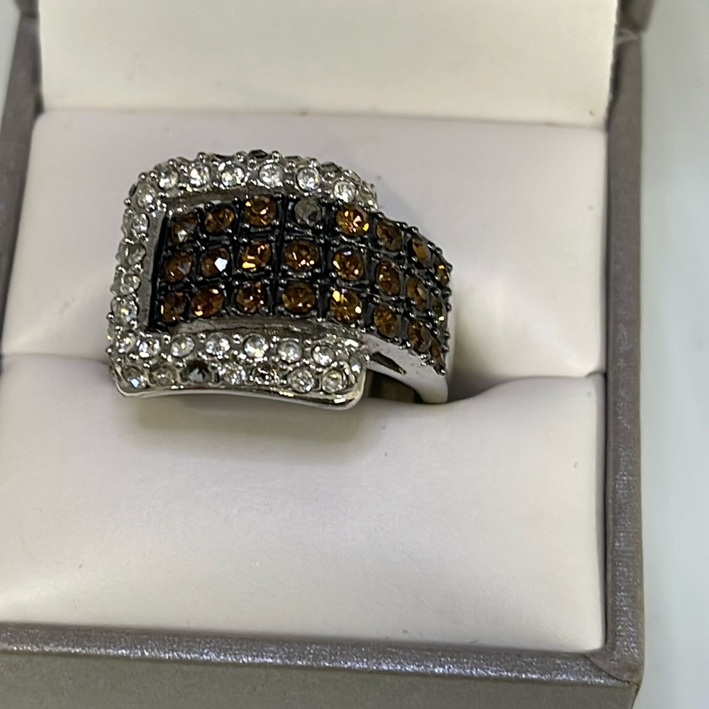 Steel Topaz & Clear Rhinestone Belt Ring AS IS Sz 7 1/5